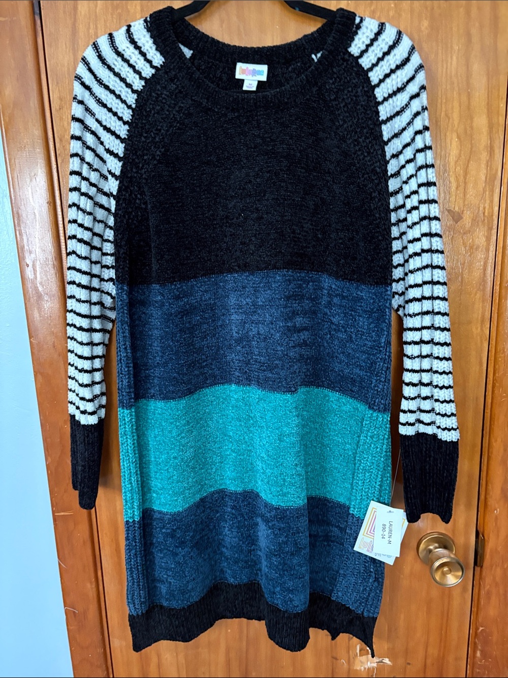 NWT - LuLaRoe Black, Teal & Dark Blue Colorblock Crewneck Sweater Dress
